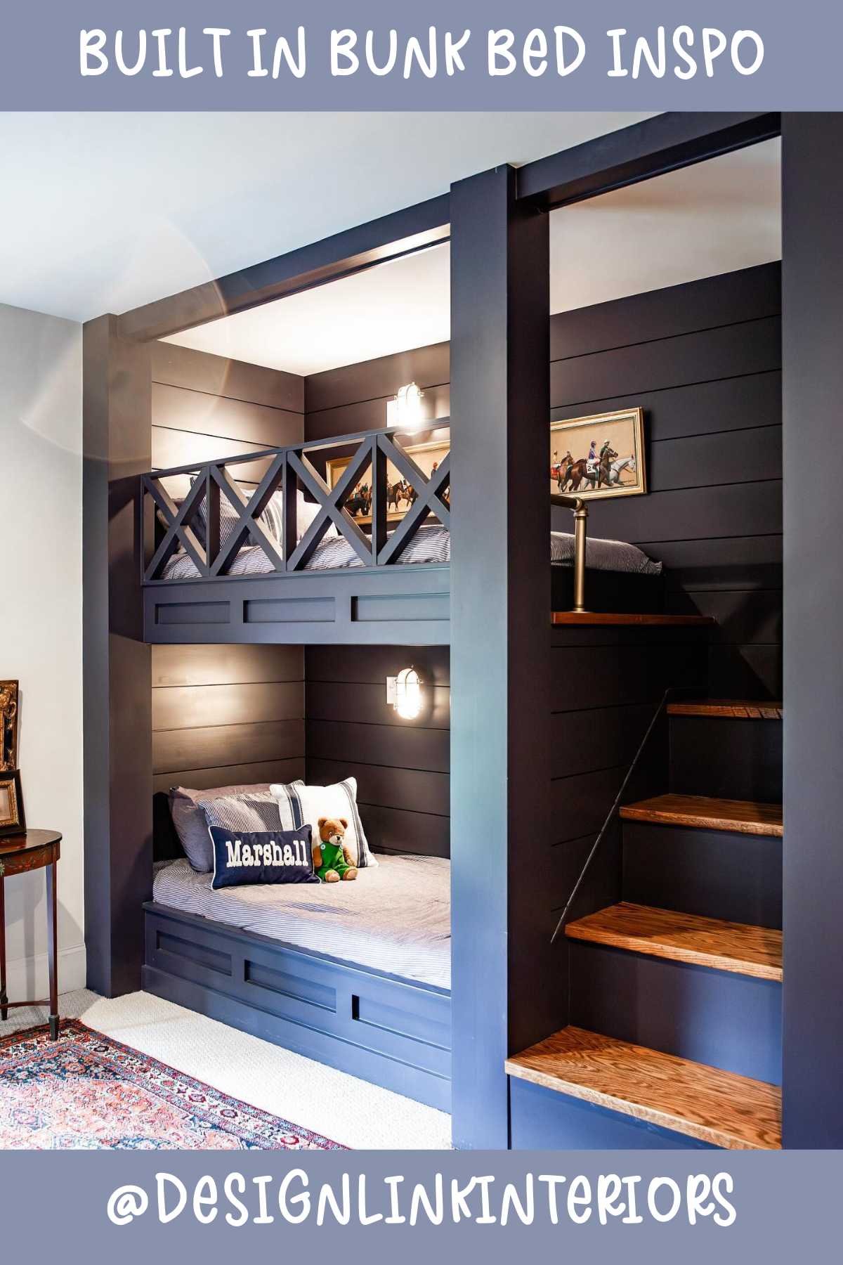 This bunk bed setup is pure sophistication! The sleek, navy-blue finish paired with the cross-braced railing gives it a timeless, classic look. The built-in stairs with wood accents are a smart and stylish addition, while the cozy little corner below is perfect for lounging or reading. It’s the kind of bunk bed that will grow with the kids!