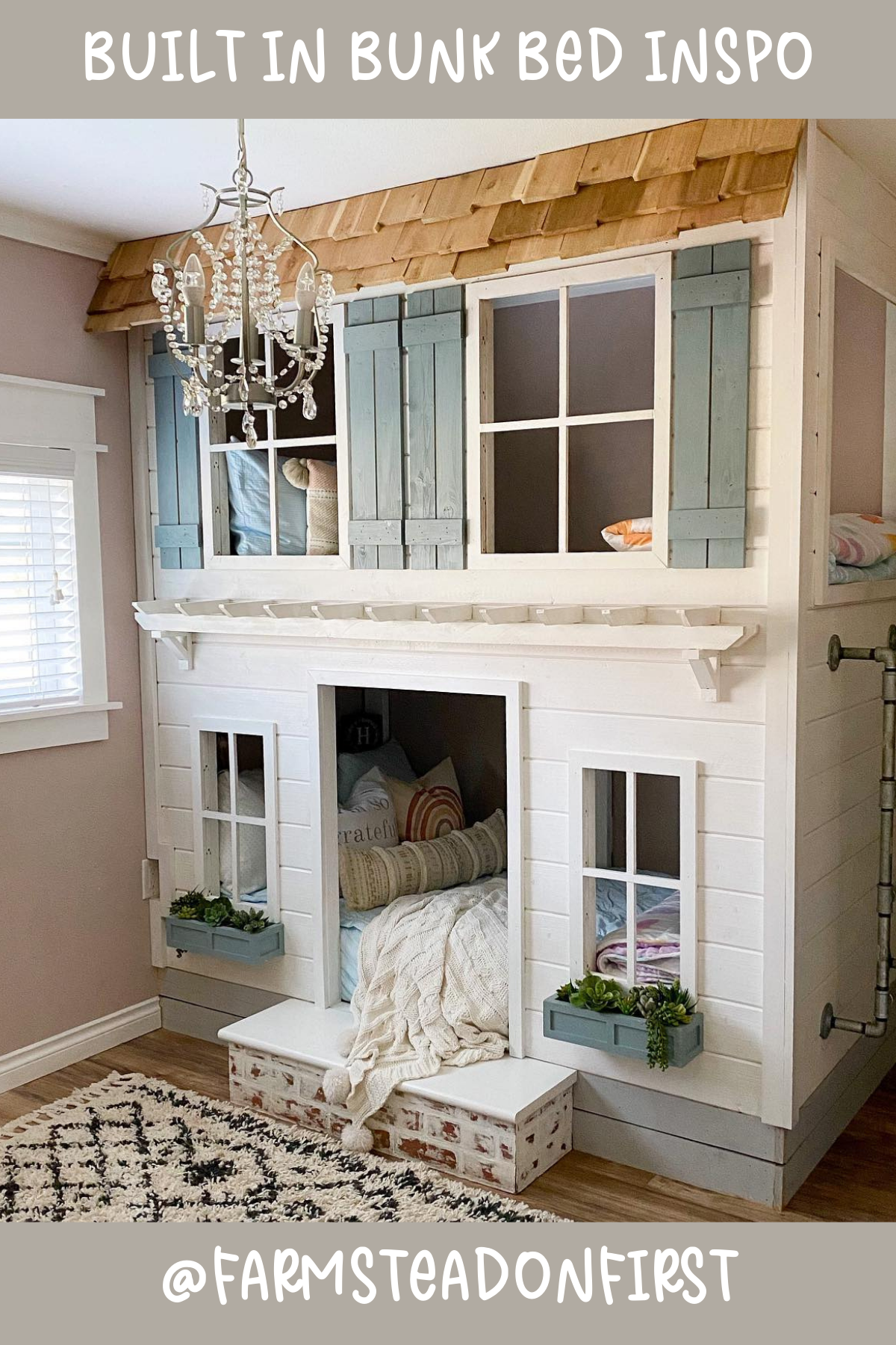 This bunk bed setup is like stepping into a storybook! With its cute little windows, rustic shutters, and a roof that looks straight off a charming cottage, it's the ultimate cozy retreat for kids. The details are spot on – from the flower boxes to the little step-up that says "Come on in!" Perfect for a room that doubles as a playhouse!