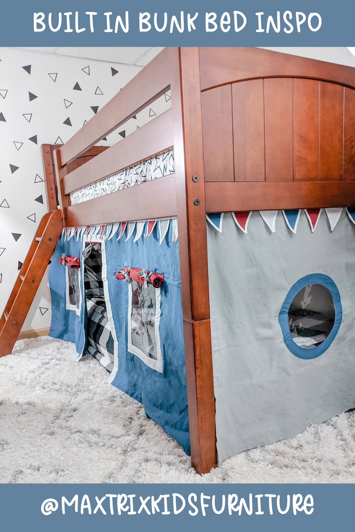 How fun is this bunk bed with its fabric tent playhouse underneath? It's giving serious camping vibes with those roll-up windows and adorable peek-through portholes! The dark wood frame adds a touch of classic elegance, making it versatile for any kids' room. The playful bunting along the top adds an extra pop of fun!