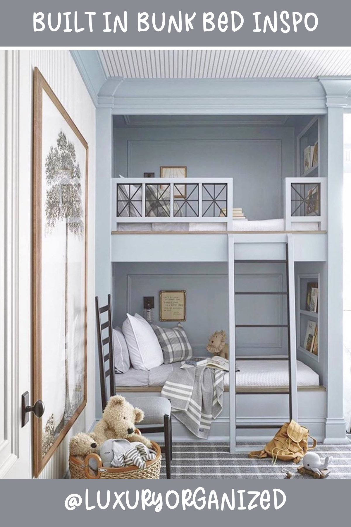 This design is all about understated elegance! The soothing blue tones, sleek built-in shelving, and those stylish cross-patterned railings give it a chic and modern feel. It’s got a cozy reading nook vibe, with room for pillows, blankets, and a favorite bedtime book. The perfect spot for both kids and guests to relax!