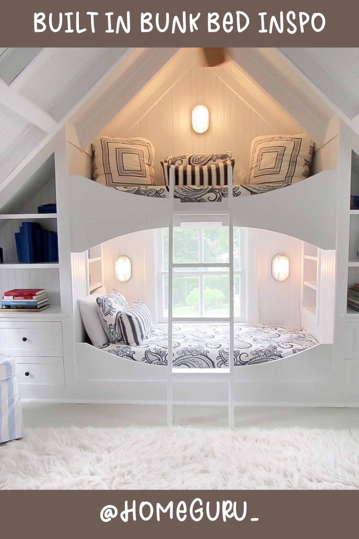 Oh, the cuteness! This dreamy built-in bunk setup features curved arches and a sweet ladder in a crisp white finish. Tucked right under a sloping ceiling, it makes the most of the space while creating the perfect nook for kids to unwind. The little reading lights and built-in shelves add the perfect functional touches!