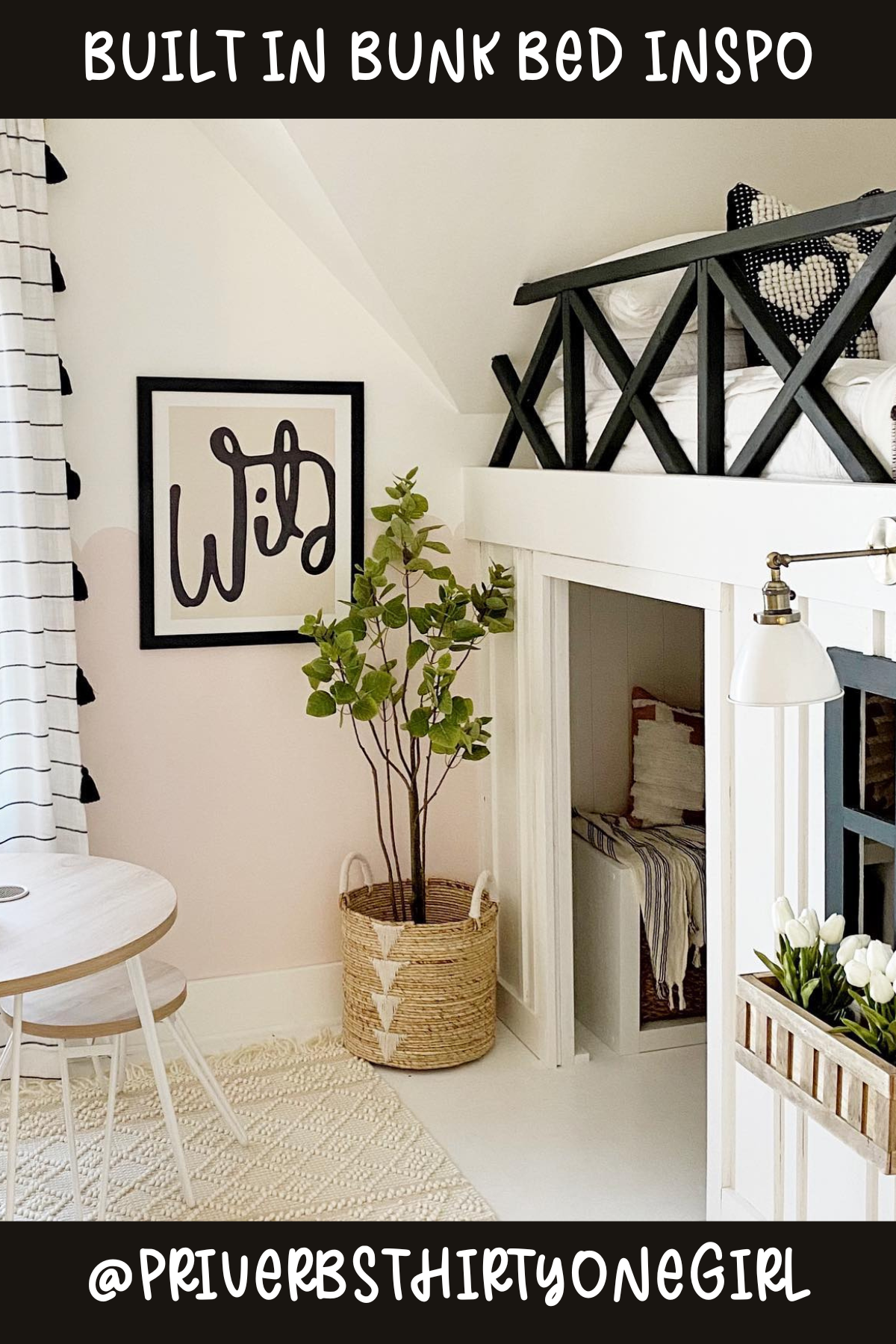 How stylish is this bunk bed? With its black railings and clean lines, it has a farmhouse-chic vibe that blends seamlessly into the room. The clever use of space below the top bunk makes it a versatile spot for playing, reading, or even a cozy nap corner. It’s both trendy and practical!