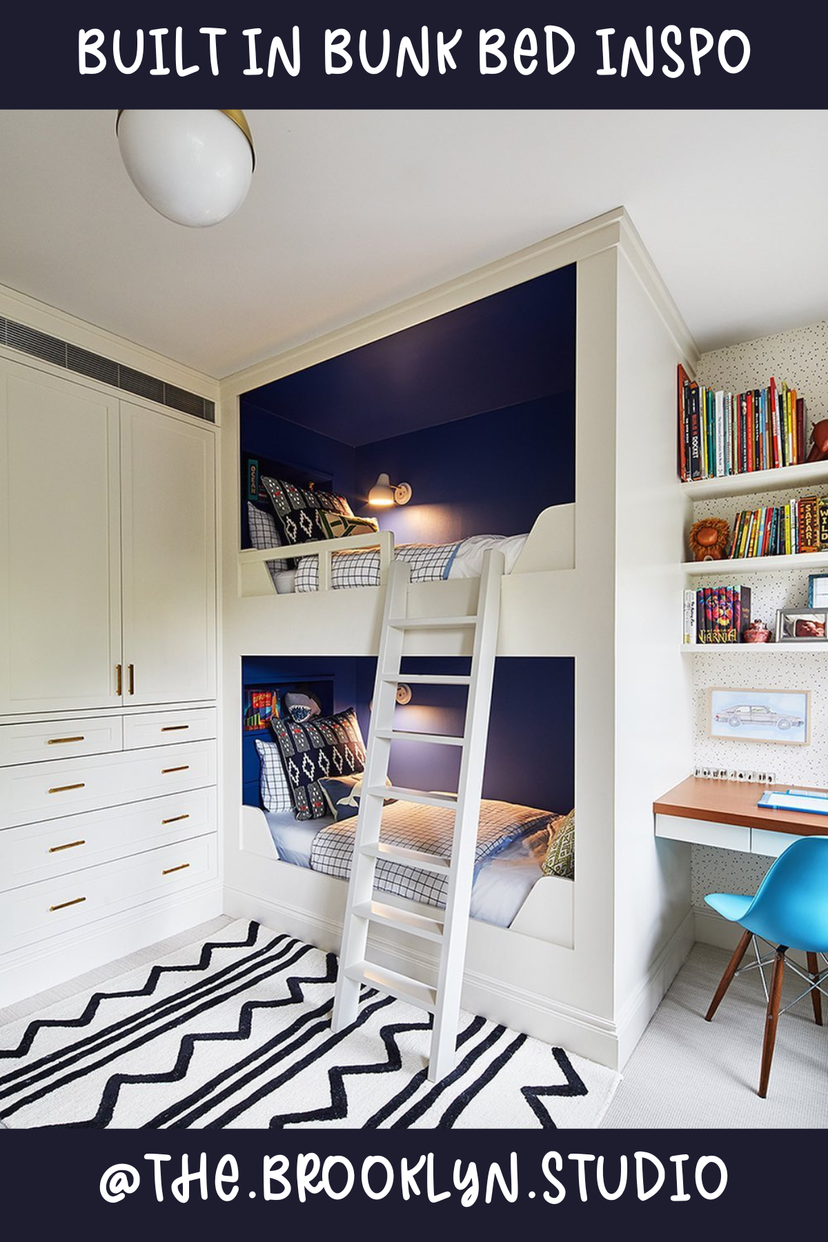 This bunk bed is a modern masterpiece! The deep navy interior and crisp white framing create a sleek, sophisticated look, while the built-in bookshelf nearby adds a touch of coziness. The minimalistic ladder is just the right height for little ones to climb up safely. A smart way to mix style with functionality!