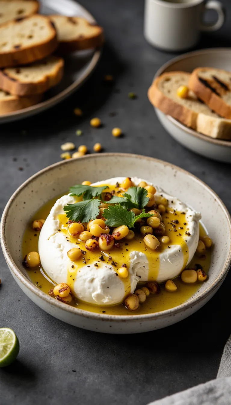 Burrata with Grilled Corn & Chili Oil is a bold, flavorful summer appetizer that’s made for BBQs!