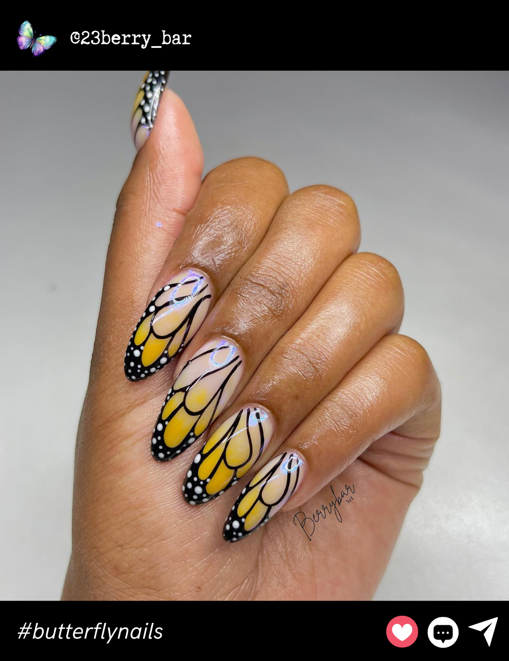 A radiant yellow butterfly wing design framed with bold black lines and dotted details, adding a striking pop of color for a lively, vibrant look.