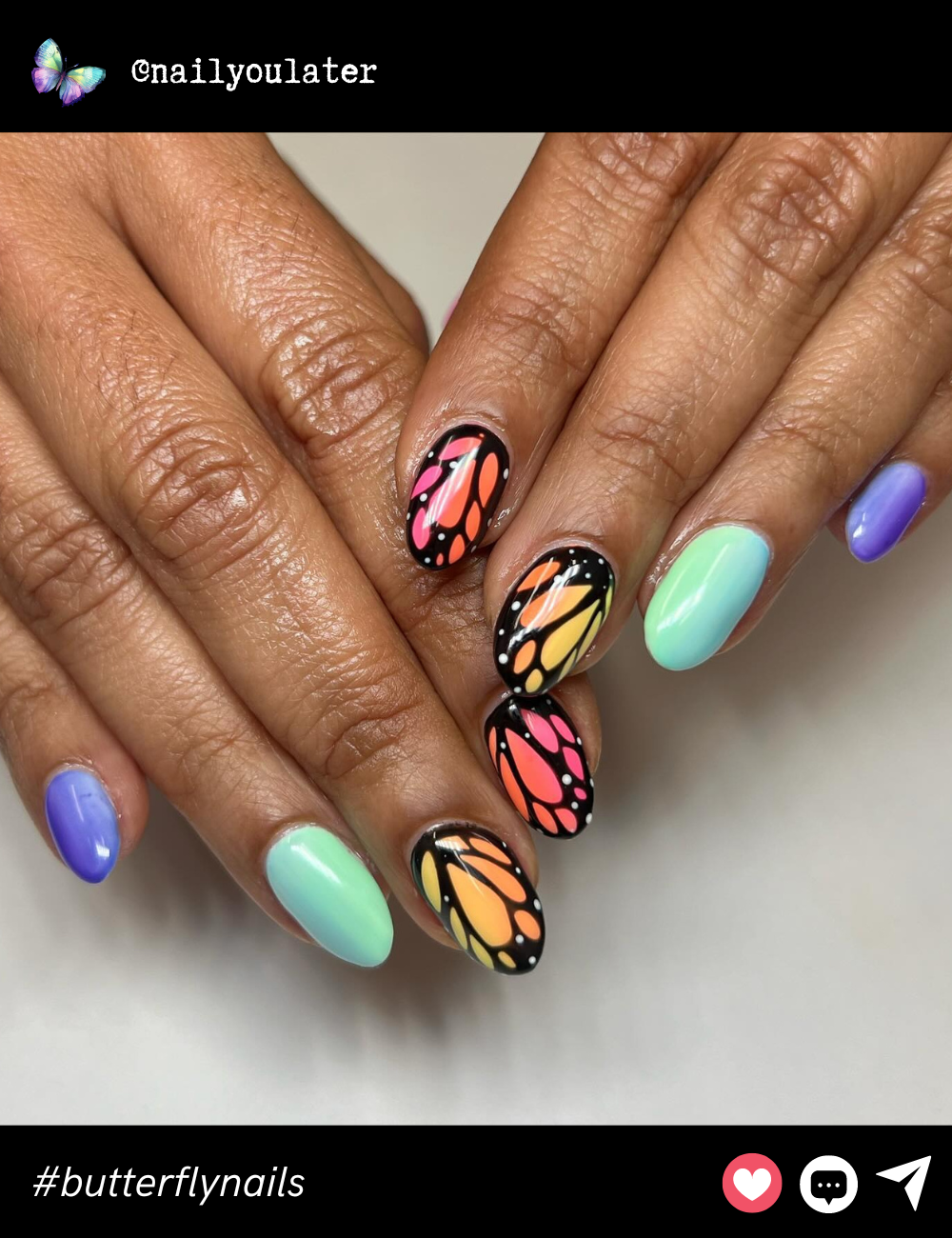 A fun and colorful design, the vibrant gradient butterfly wings contrast beautifully against the smooth pastel background, creating a lively, summery vibe.