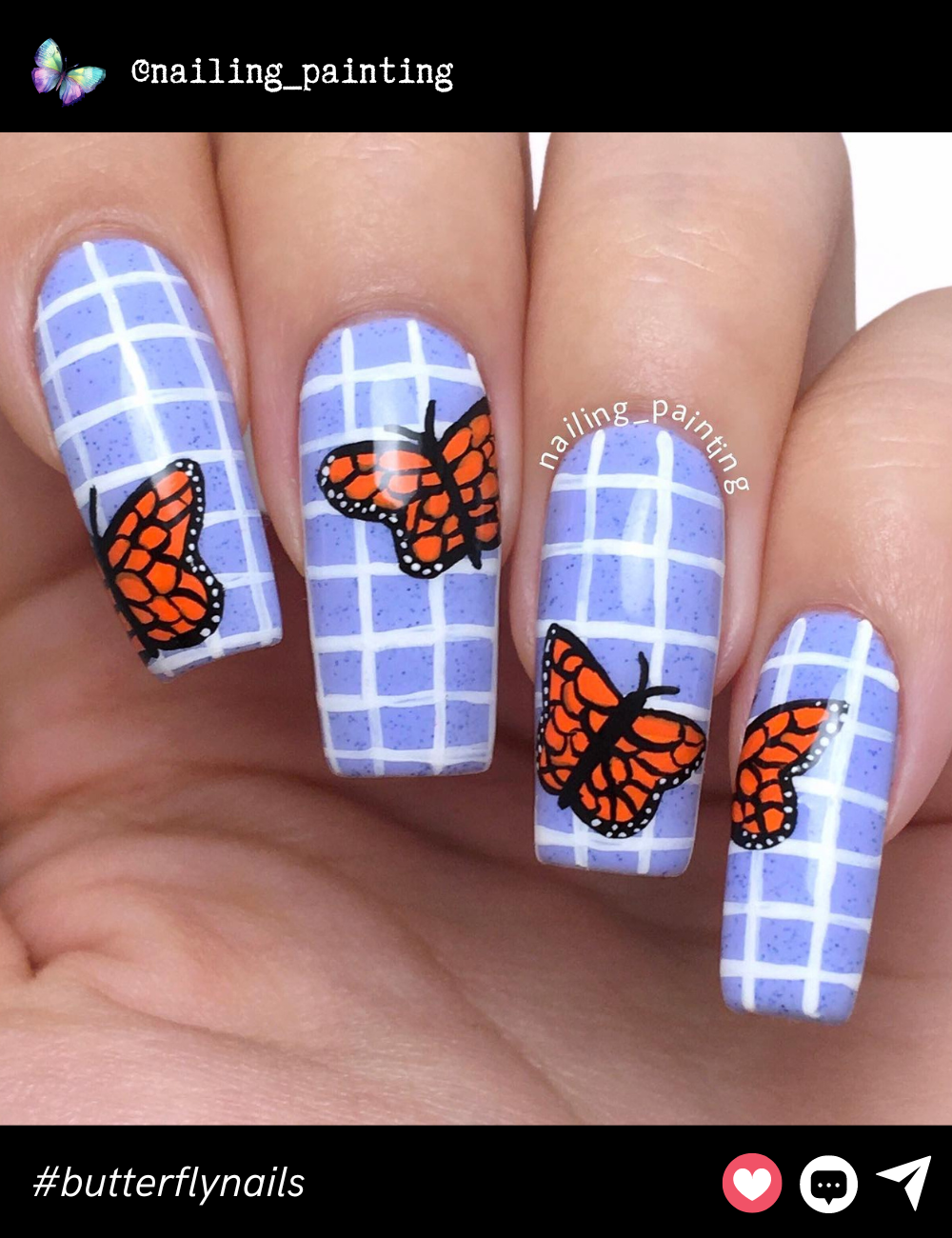 These bold, bright orange butterflies over a soft lavender grid are striking, perfect for anyone looking to make a statement with their nail art.