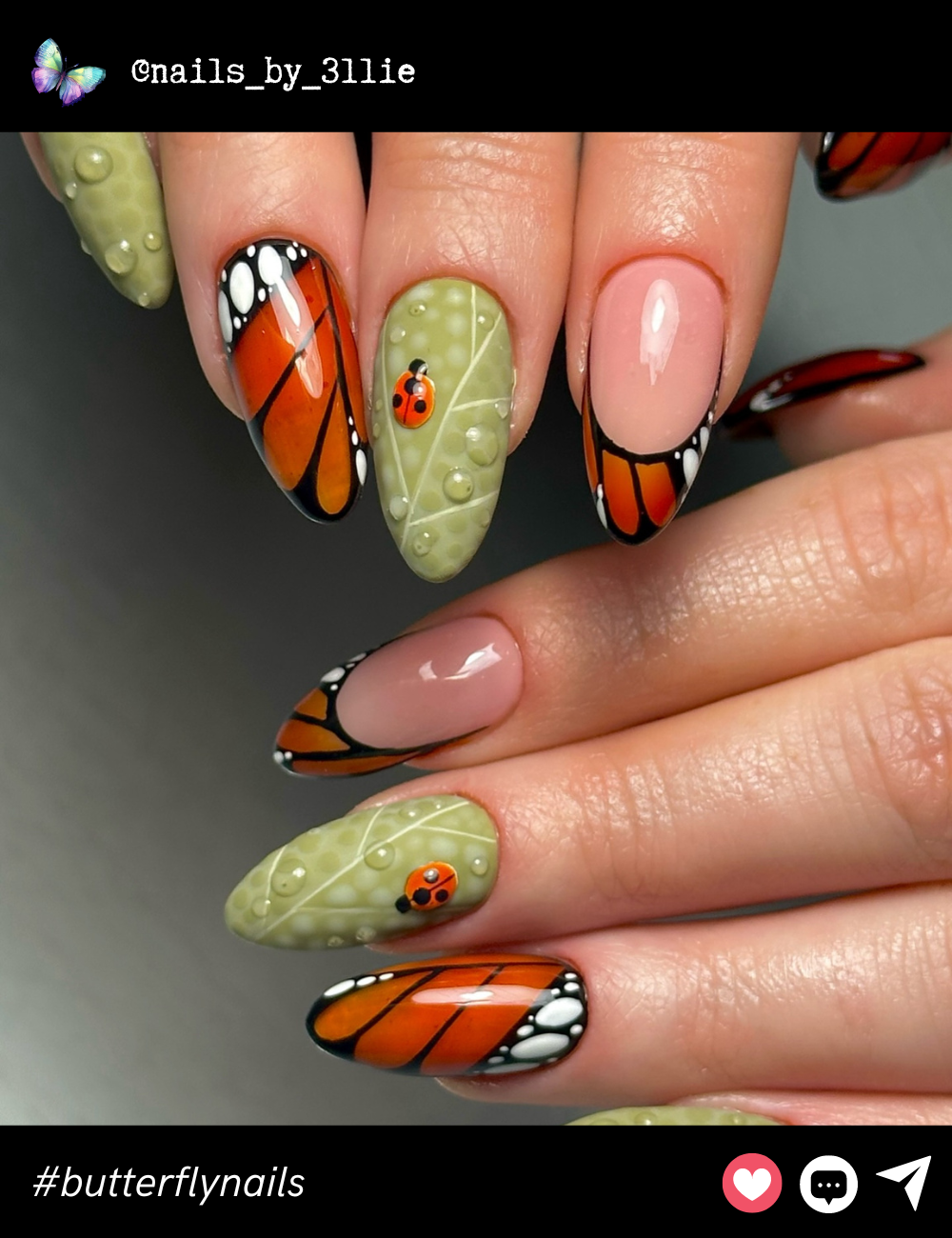 These vibrant orange monarch wings, paired with 3D ladybug accents and dewy leaf details, bring a realistic garden scene to your nails.