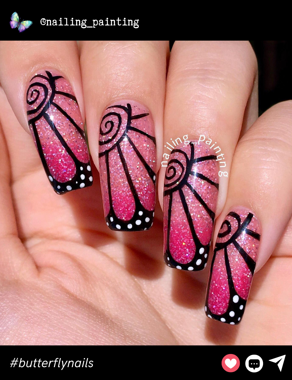 Sparkly pink gradient butterfly wings with intricate swirly black outlines bring a fun and feminine twist to traditional butterfly art.