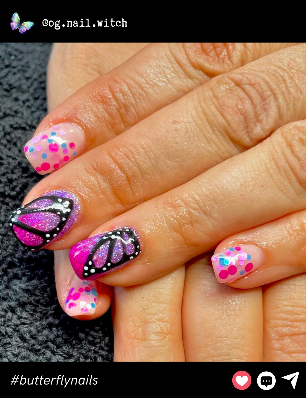 Pink glitter butterfly wings with polka dots and a fun confetti-like design give these nails a lively, playful feel.