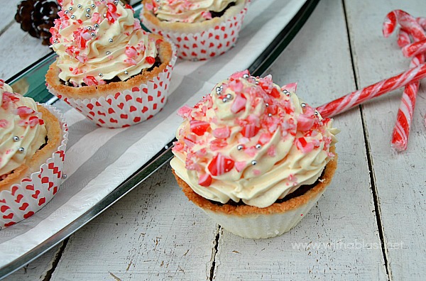 Delicious, very creamy Candy Cane Dark Chocolate Mousse with a White Chocolate topping ~ and even MORE Candy Cane in quick-to-make Macaroon Cups ! #Christmas #Dessert #CandyCane