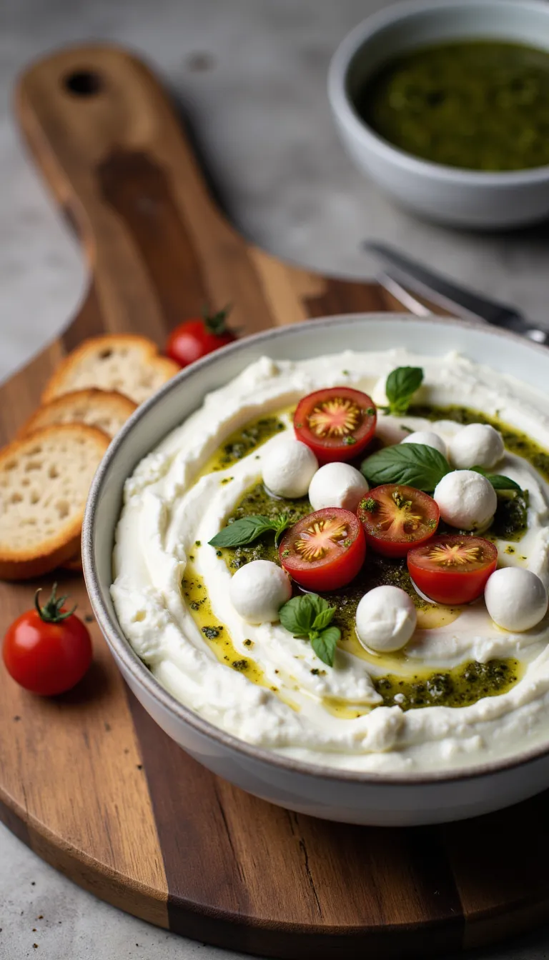 Bring fresh Italian flair to your party with this Caprese Pesto Dip appetizer—no cooking needed and 100% vegetarian!