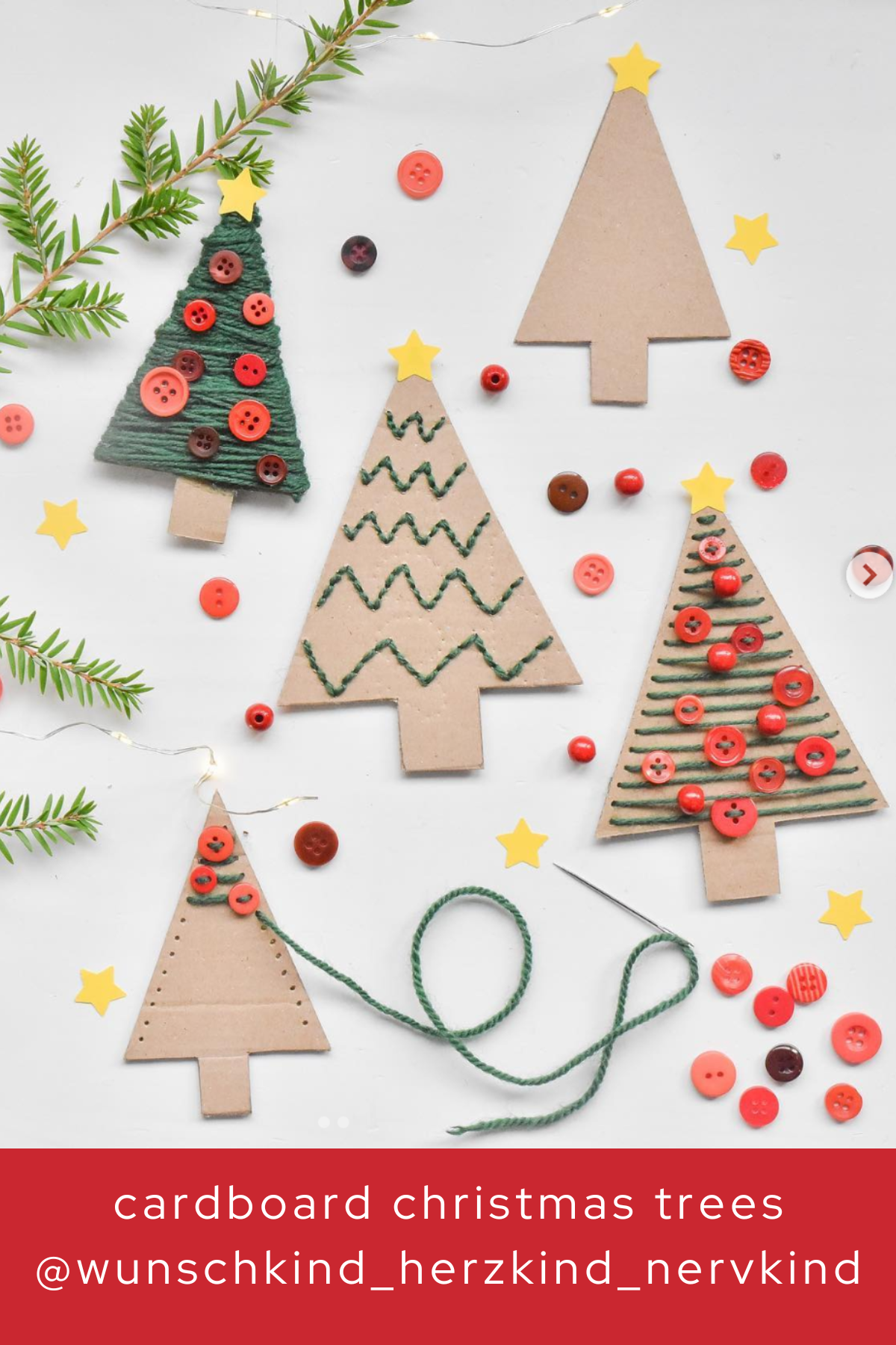 These trees are a mix of crafty fun and holiday charm! Cardboard triangles become trees adorned with yarn and buttons, making this a great project for kids to help with or for adding a whimsical touch to your festive decor.