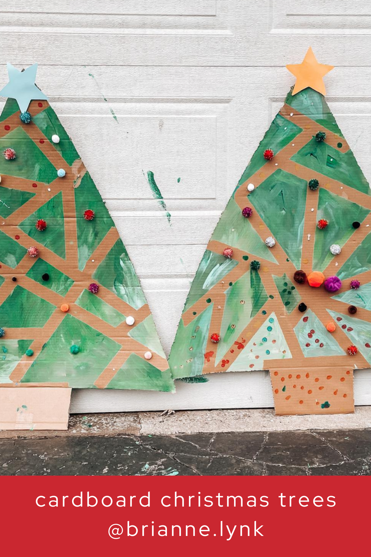 Big, bold, and colorful, these painted cardboard trees are perfect for outdoor displays or large indoor spaces. Kids will love painting and decorating these oversized Christmas decorations with pom-poms and glitter.