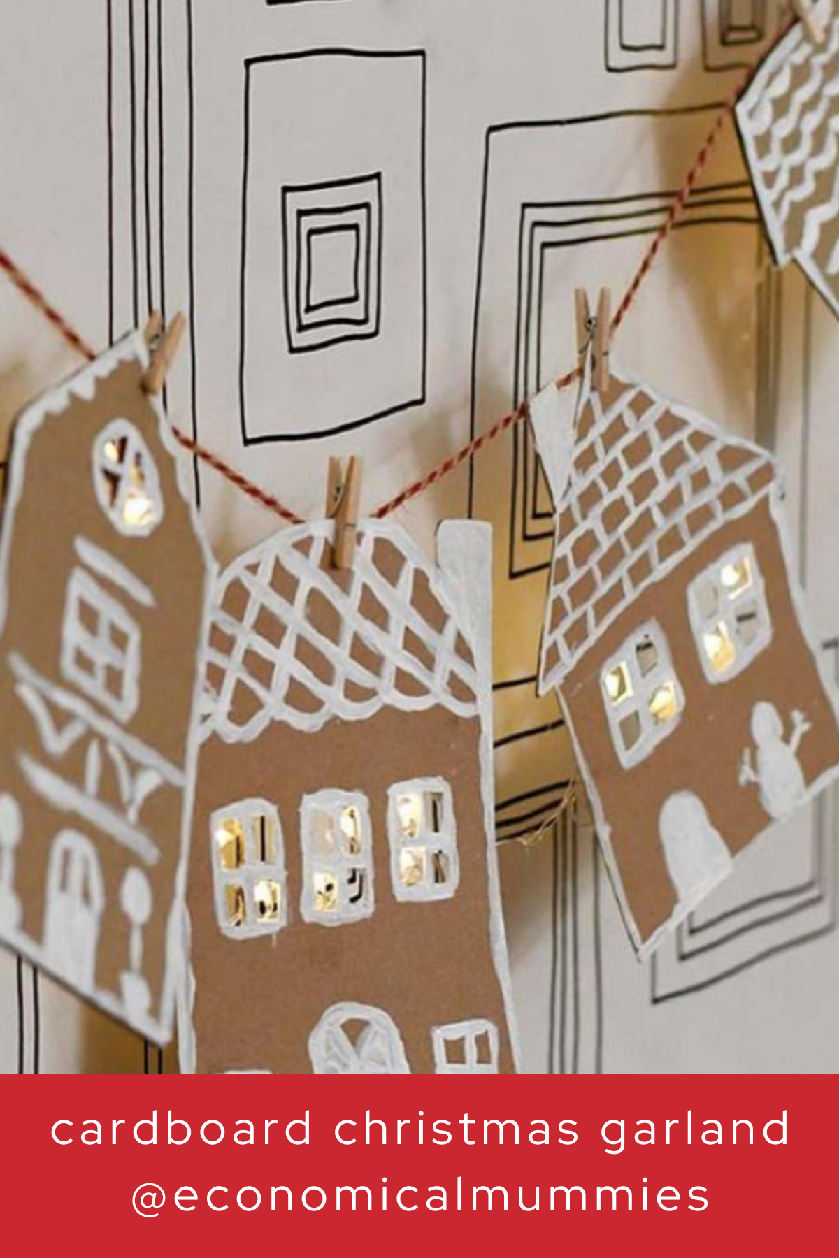 This adorable garland features cut-out cardboard houses strung together with twine, creating a cozy village vibe. Add a string of fairy lights for an extra festive glow that will look lovely on a mantel or across a window.