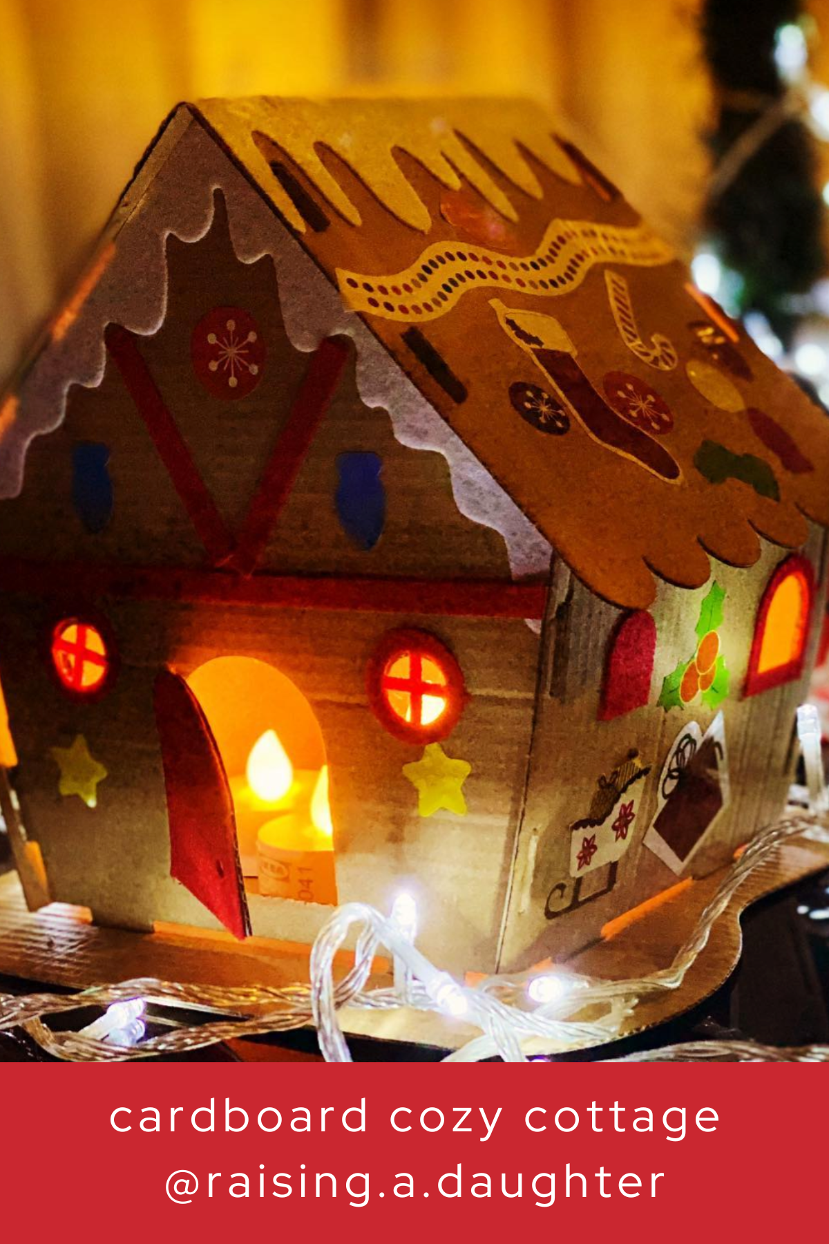 A glowing gingerbread-style house made from cardboard is the perfect centerpiece for your holiday decor. The intricate details and cozy lighting make this project a showstopper for any Christmas setup.