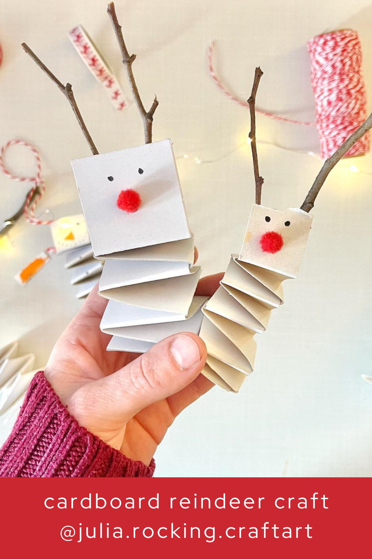 These playful reindeer are created with folded cardboard for their bodies and twigs for antlers. Topped off with tiny red pom-pom noses, they’re a cute and simple DIY that’s perfect for kids.