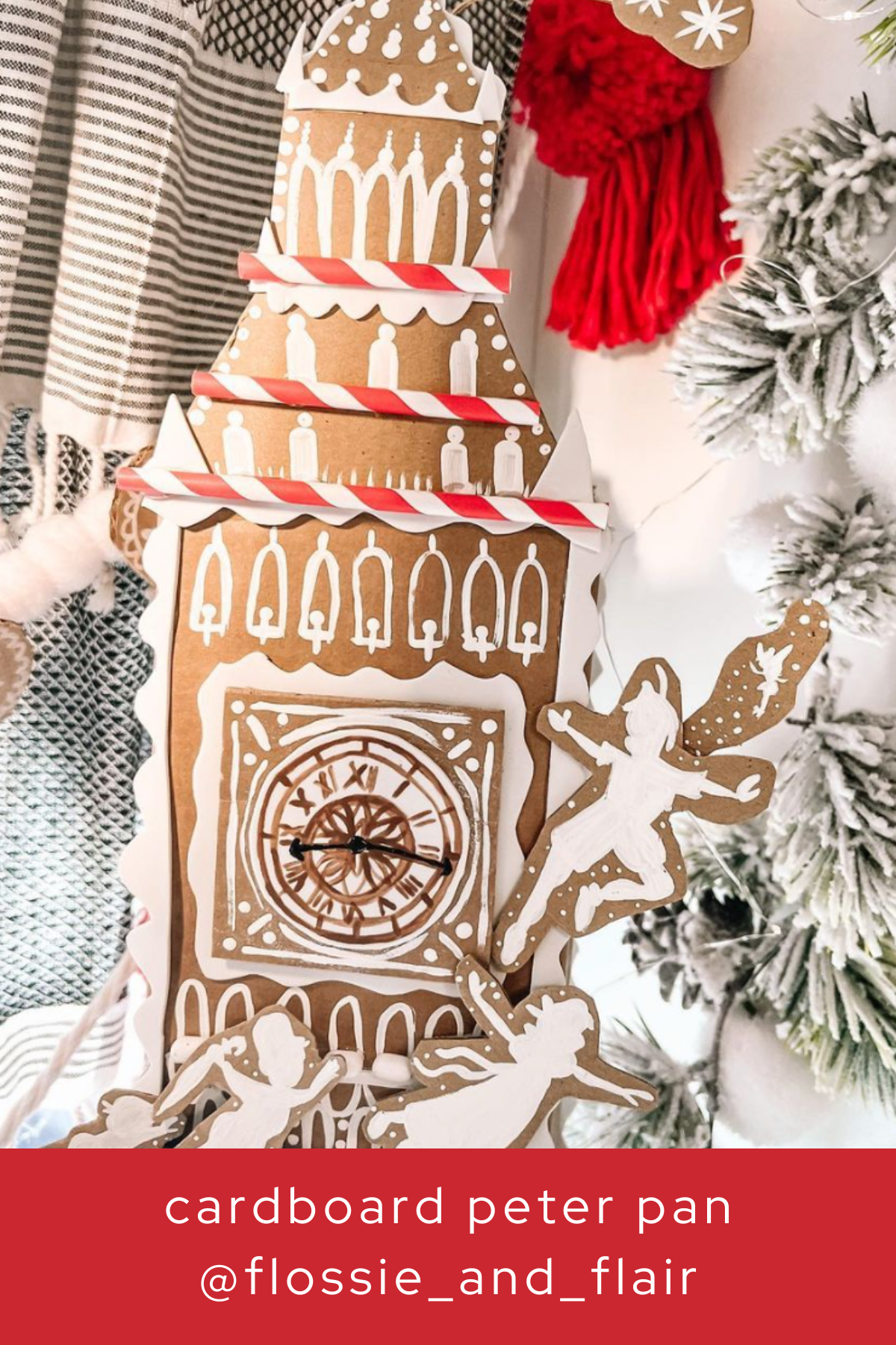 A magical take on Christmas decor, this Peter Pan-inspired cardboard display showcases intricate designs of Big Ben and flying silhouettes. It’s a unique, storybook-style decoration that brings whimsy to the holiday season.