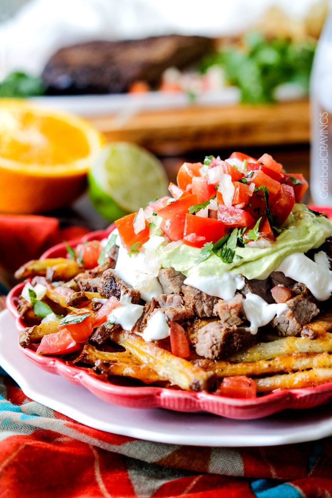 Loaded Carne Asana Fries | Mexican | Smothered Fries | Steak | Salsa | Avocado Crema