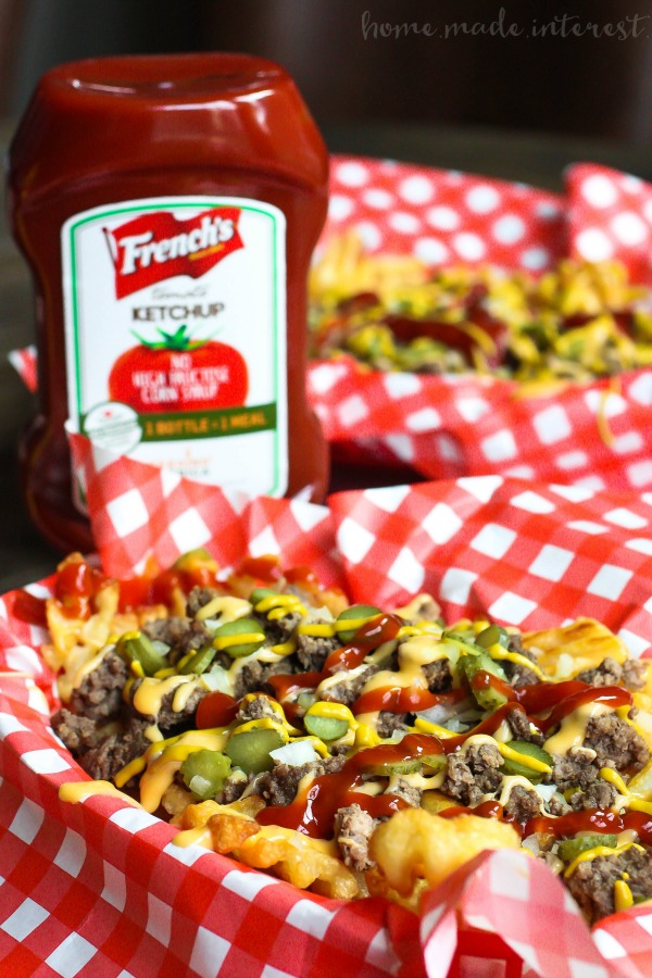 Loaded Cheeseburger Fries | Ketchup | Big Game | Appetizer | Beef Smothered Fries | Pickle