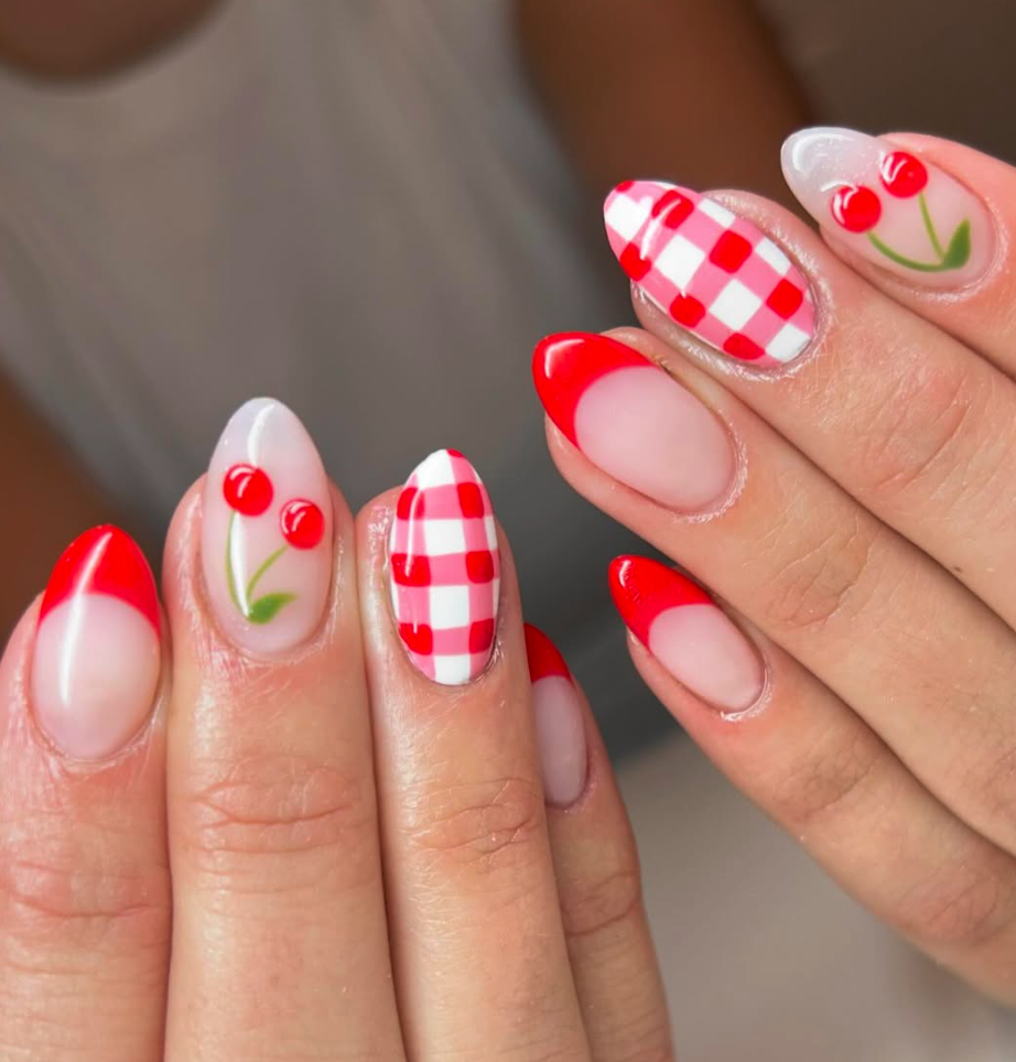 Picnic Chic Vibes 🍒❤️: These red gingham nails paired with adorable cherries are screaming summer picnic perfection. Pass me the lemonade!