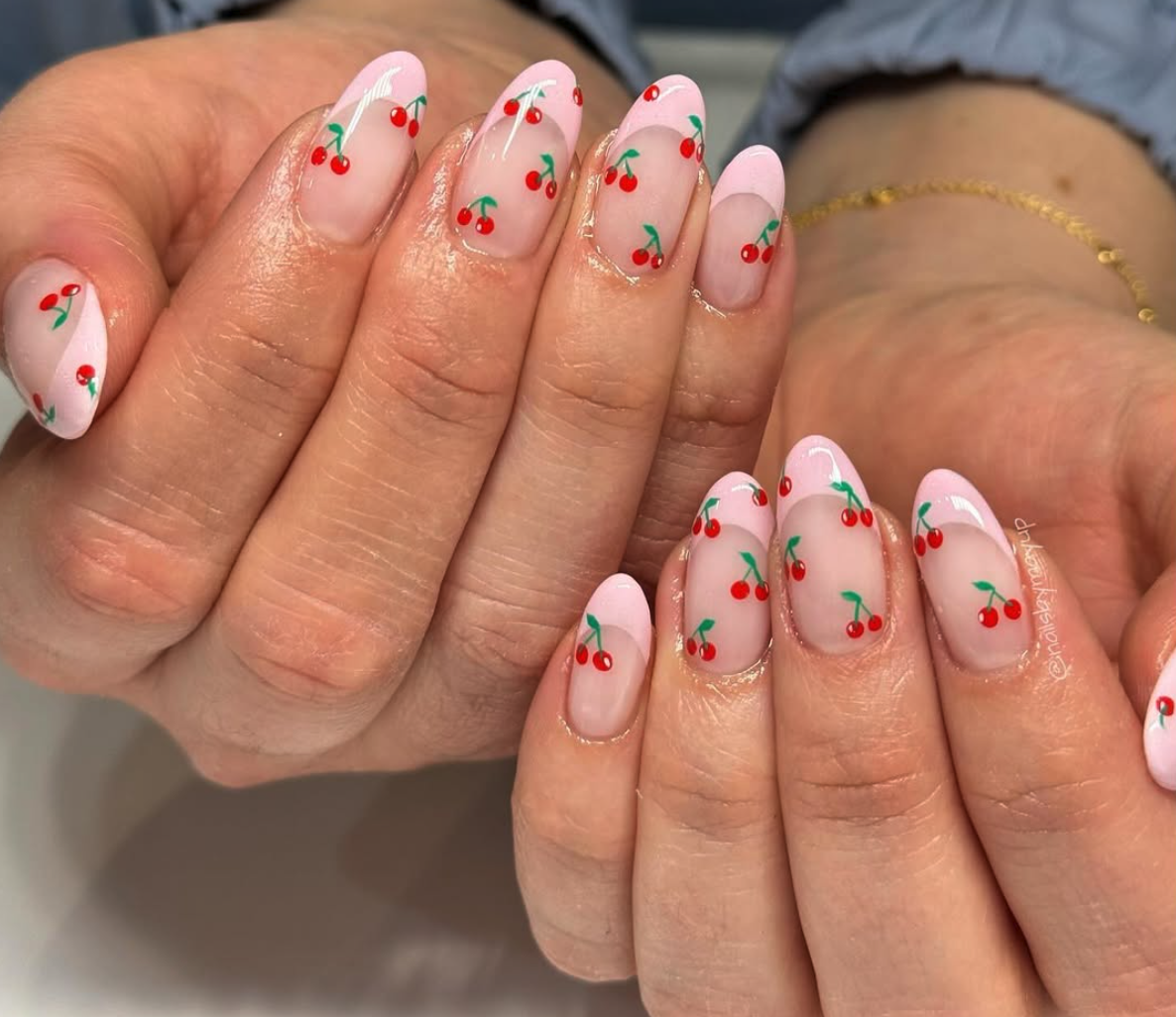 Cherry Blossom Frenzy 🌸🍒: Pink tips with a cascade of mini cherries—totally girly and oh-so-pretty!