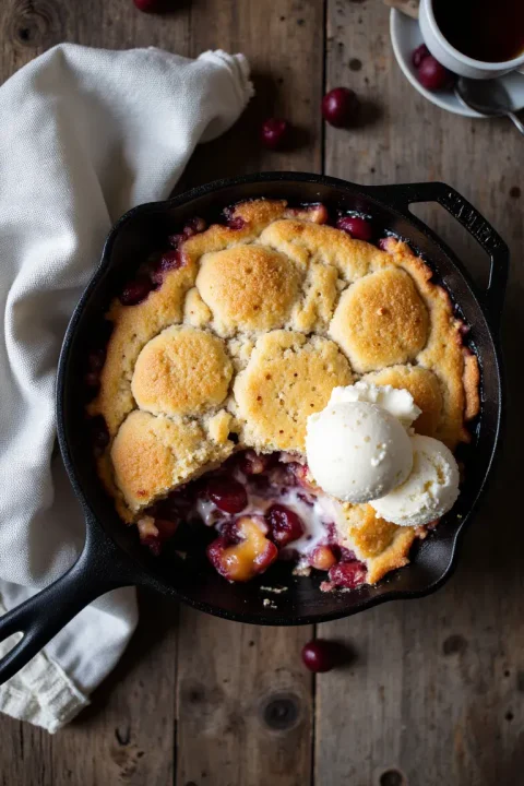 This rustic Cherry & Peach Cobbler gets a twist with a sweet cornbread crust—easy, unexpected, and totally addictive. #potluckdesserts #peachrecipes #southernbaking