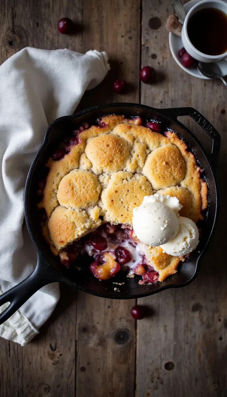 This rustic Cherry & Peach Cobbler gets a twist with a sweet cornbread crust—easy, unexpected, and totally addictive. #potluckdesserts #peachrecipes #southernbaking