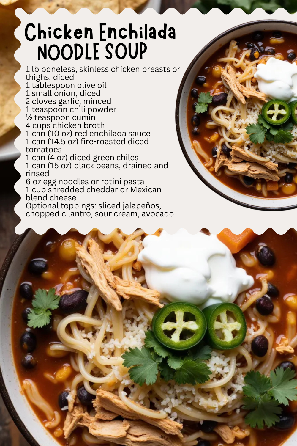 Chicken Enchilada Noodle Soup takes the bold, zesty flavors of cheesy chicken enchiladas and transforms them into a hearty, comforting soup with tender noodles. Packed with shredded chicken, fire-roasted tomatoes, green chiles, black beans, and cheesy goodness, every spoonful tastes like a warm bowl of Tex-Mex comfort.