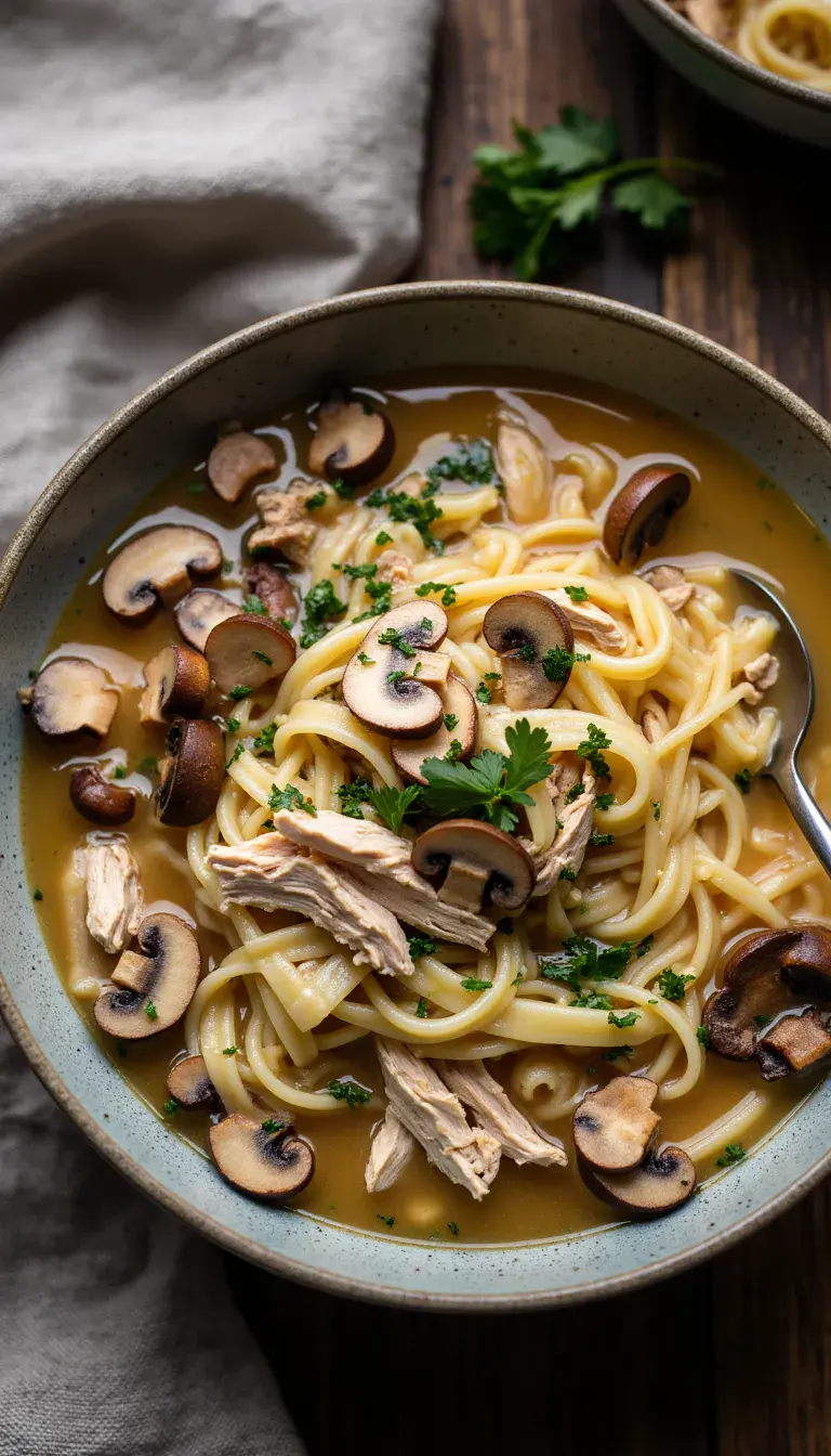 Tender chicken, sautéed mushrooms, and egg noodles simmered in a Marsala-infused broth—this soup is sophisticated comfort at its best. #souprecipes #easymeals #homemadefood