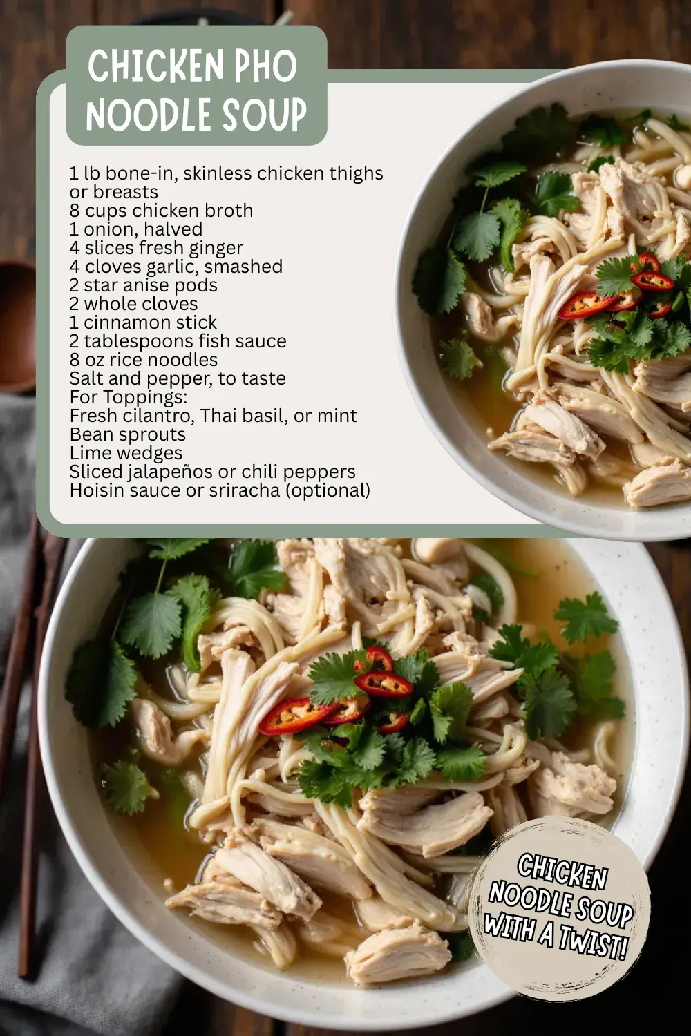 Chicken Pho Noodle Soup brings classic chicken noodle to new heights with Vietnamese-inspired flavors. Fragrant broth infused with star anise, ginger, garlic, and cloves creates a light, aromatic base for tender shredded chicken and silky rice noodles. Finish with fresh herbs, bean sprouts, lime, and chili for a customizable, cozy, and slurp-worthy bowl.