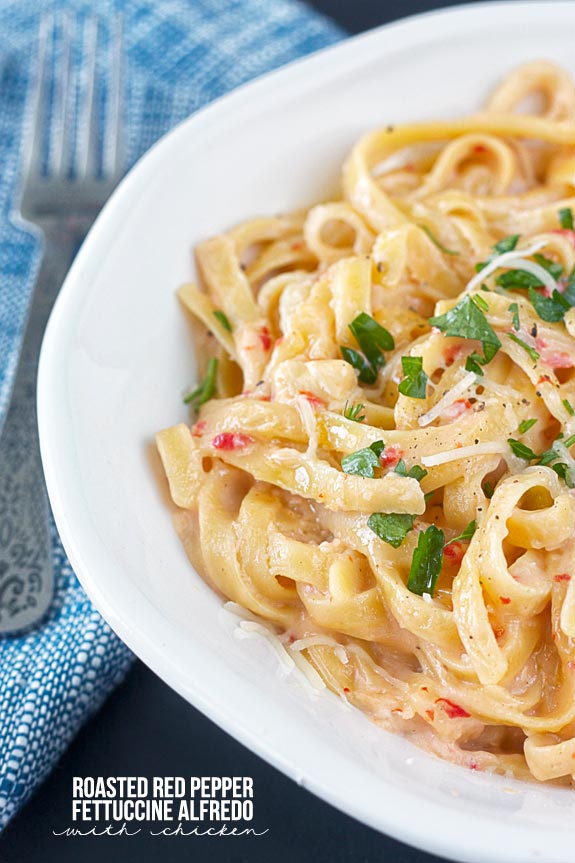 Roasted Red Pepper Fettuccine Alfredo with Chicken