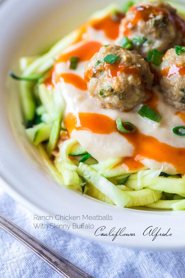 Buffalo Chicken Meatballs with Cauliflower Alfredo Sauce and Zucchini Noodles