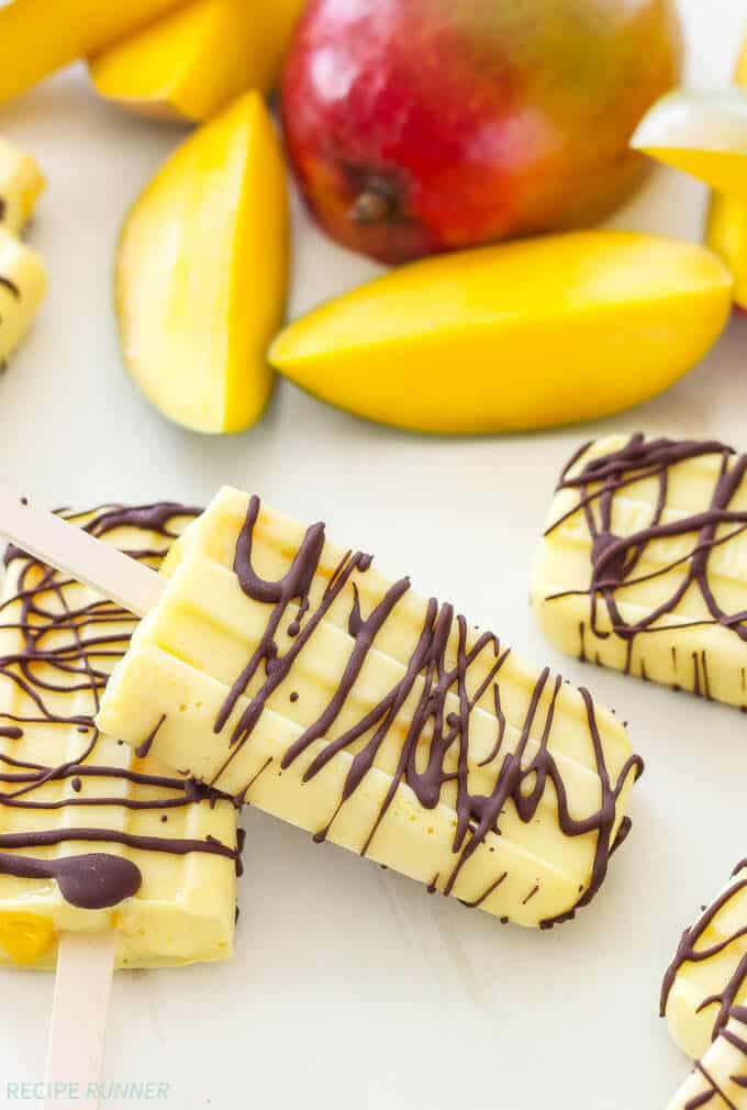 Chocolate Drizzled Mango Yogurt Pops