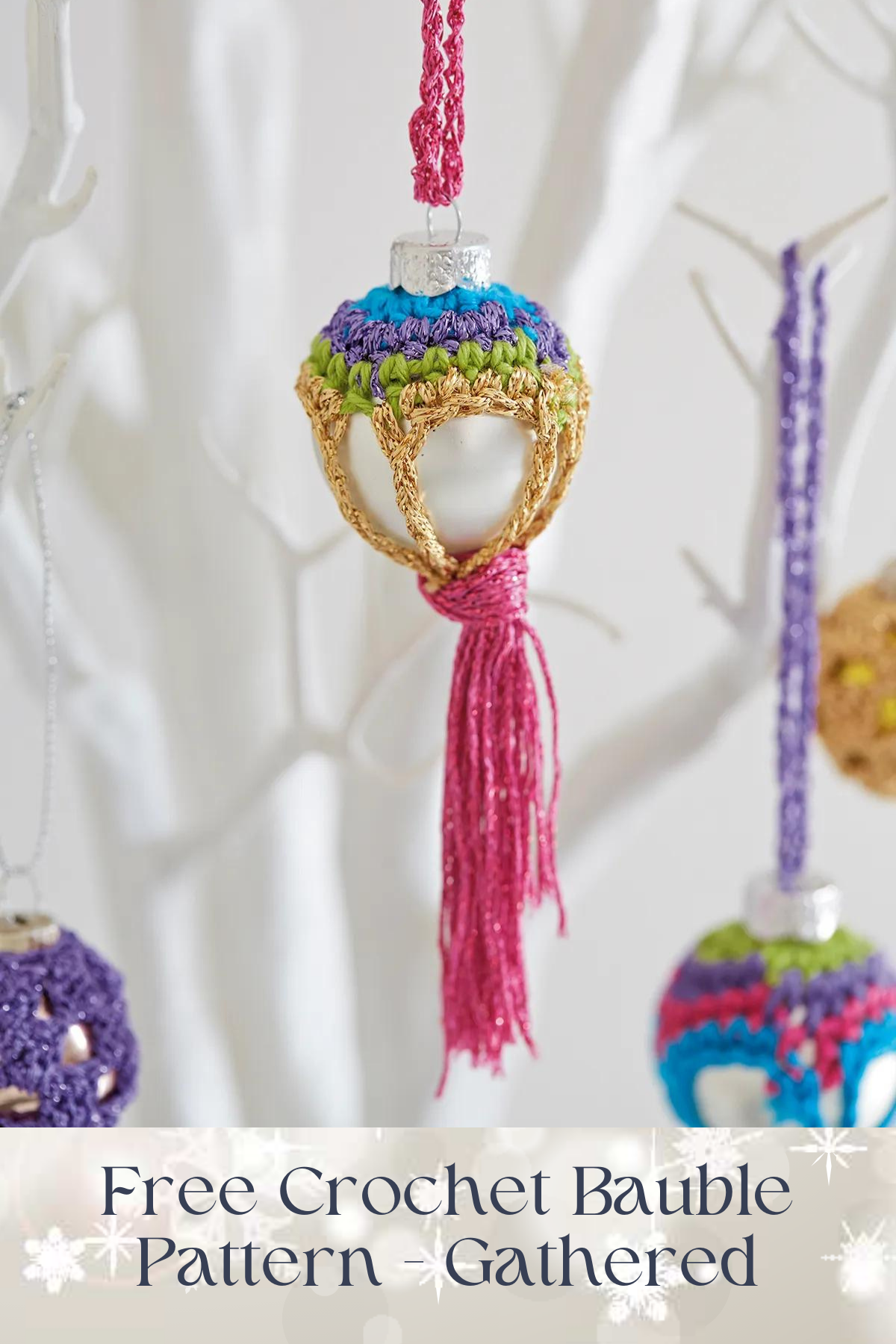 This classic bauble pattern has a vintage, cozy feel and is perfect for using up those leftover yarn scraps. With endless color combinations, these baubles will look fabulous hanging on your tree or as a special handmade gift topper!