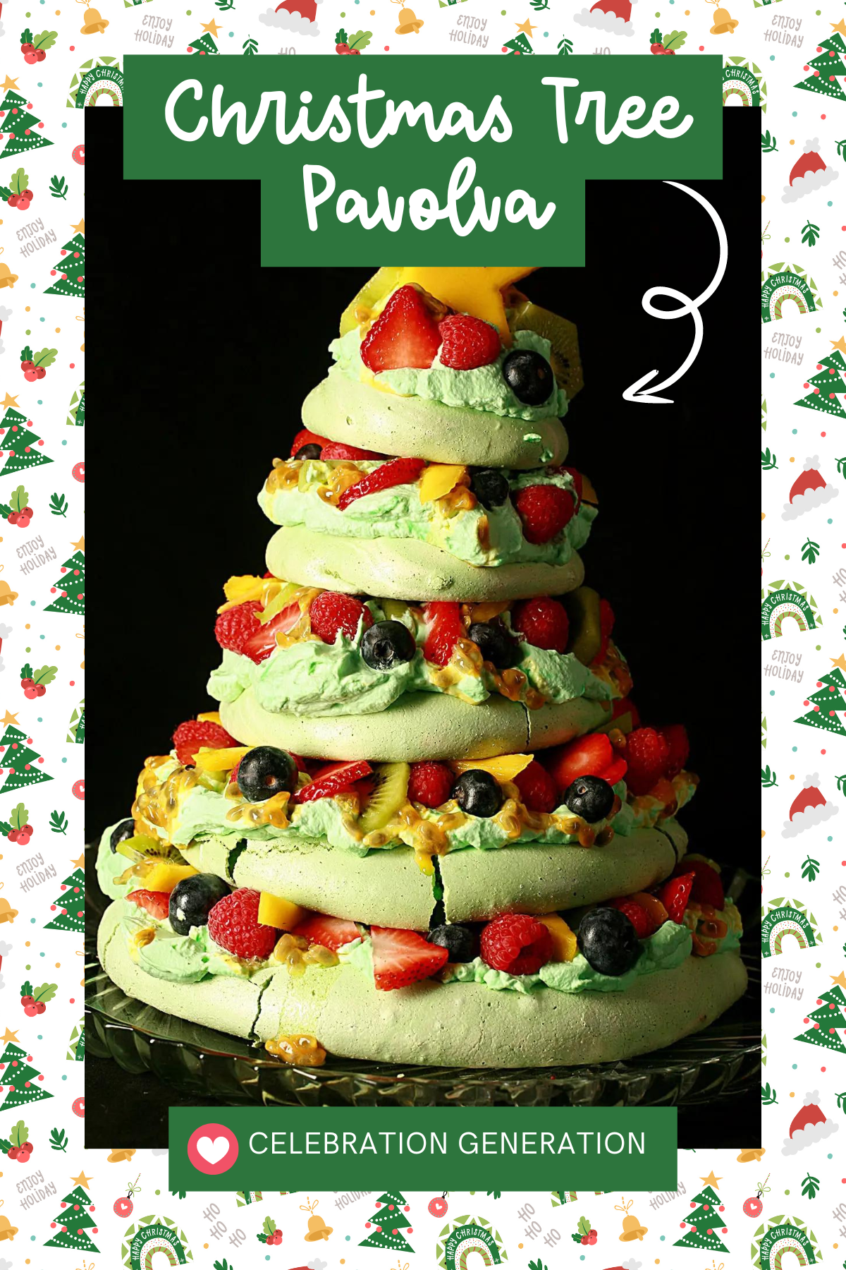 For a light and airy dessert, try this Christmas Tree Pavlova! Crisp on the outside and soft on the inside, this meringue treat is shaped like a tree and decorated with whipped cream and berries for a stunning holiday dessert.