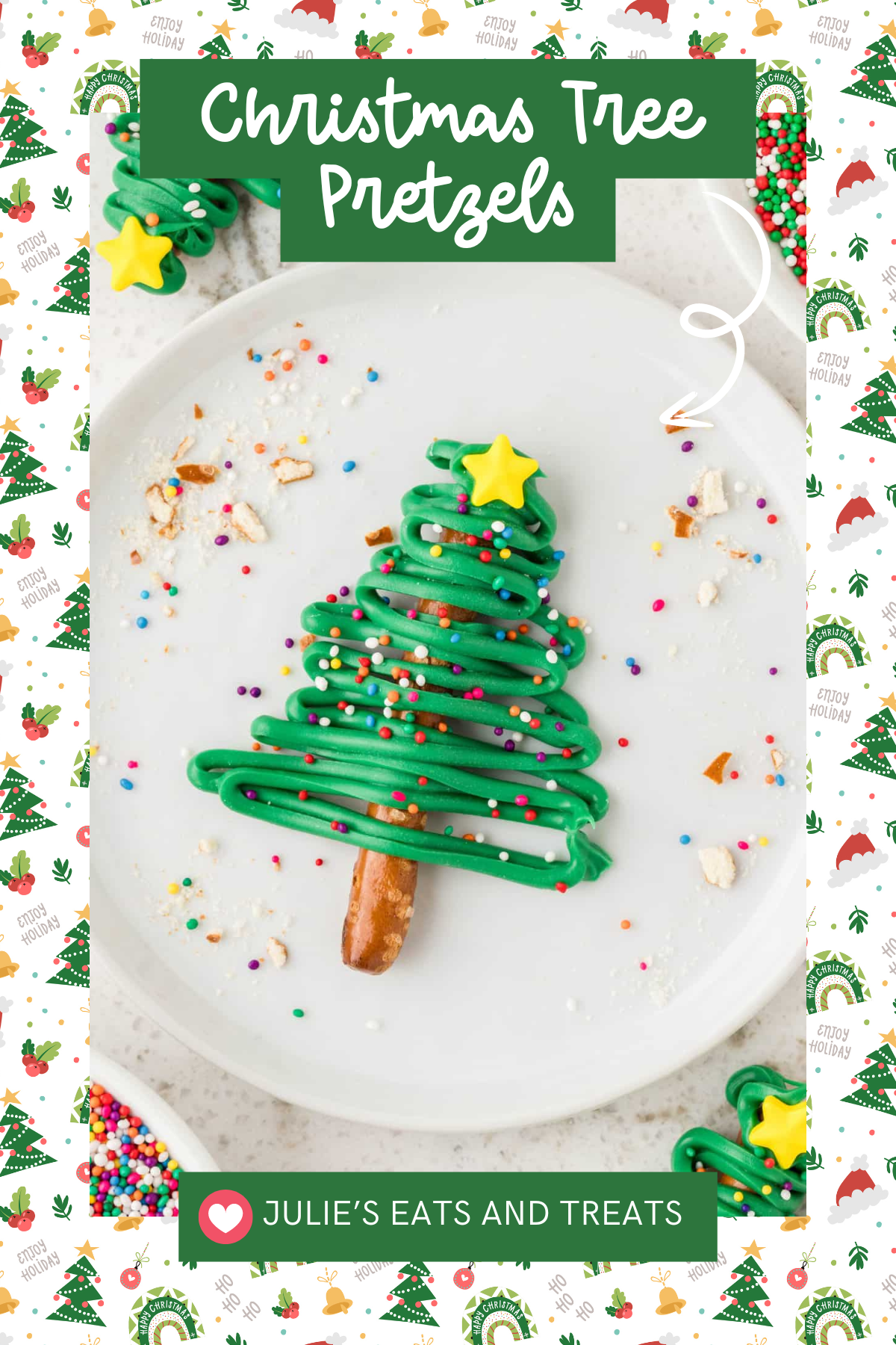 These Christmas Tree Pretzels are a salty-sweet holiday treat that’s as fun to make as it is to eat! Pretzel rods are dipped in green candy melts and decorated to look like little Christmas trees, making them a perfect snack for holiday movie night.