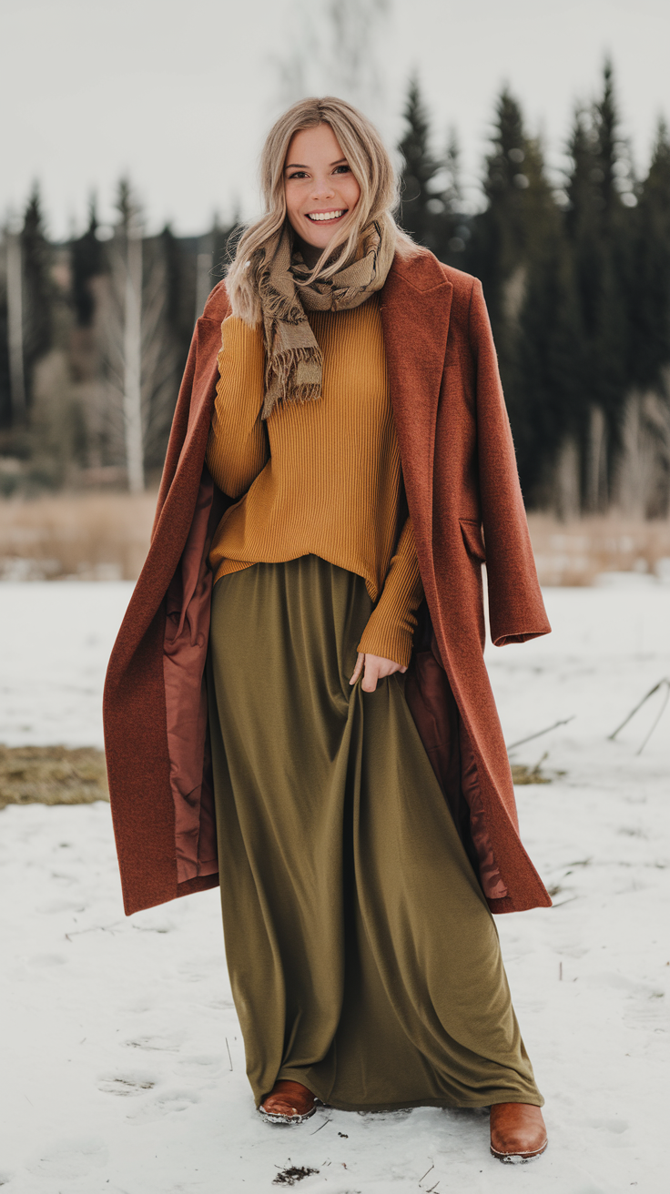 Earthy tones are a hallmark of bohemian style, and they transition beautifully into winter. Think rust, mustard, olive green, and warm browns that mimic the colors of nature.