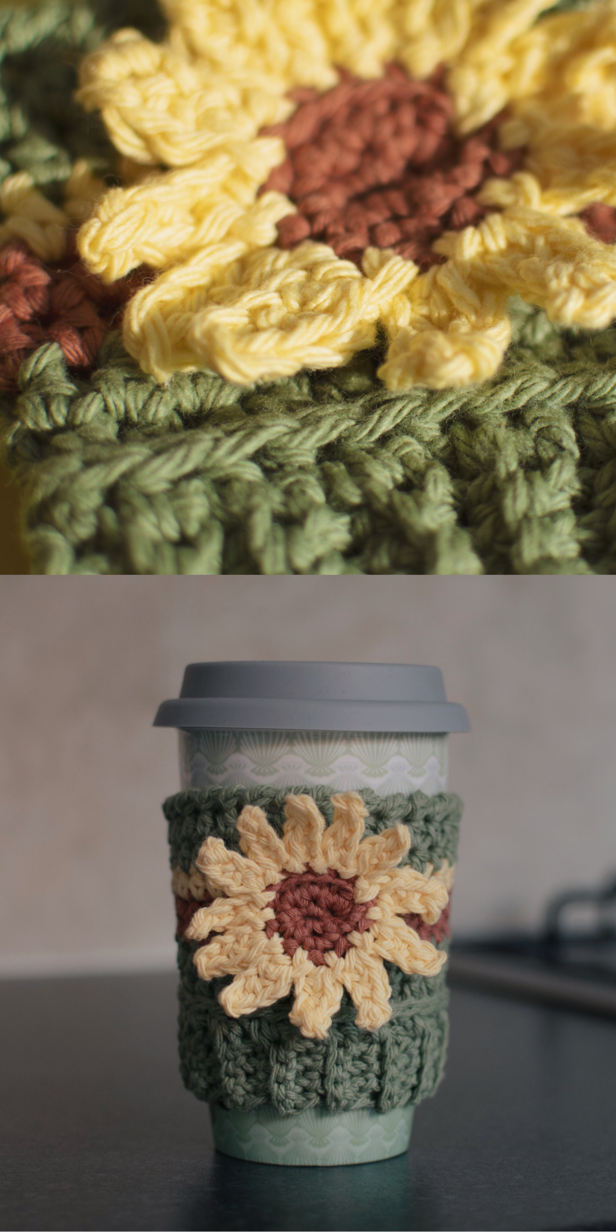 Keep your hands cool and your coffee warm with this crochet sunflower beanie cozy! It’s an adorable way to dress up your drink and keep the sunflower love going all day long.