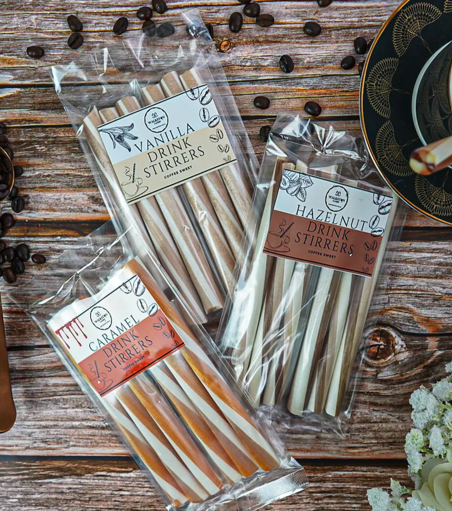 Tired of using a plain OLD ordinary coffee syrup, here at Walkston we would love to introduce to you our new product line of drink stirrers. Each stick is infused with a rich blend of different flavours: Hazelnut - Vanilla - Caramel - Alcoholic Amaretto!Not only do these coffee stirrers look amazing they are even better in action as they slowly dissolve, giving your drink a smooth and sweet taste while adding your chosen flavour making for the ultimate way to drink a coffee.