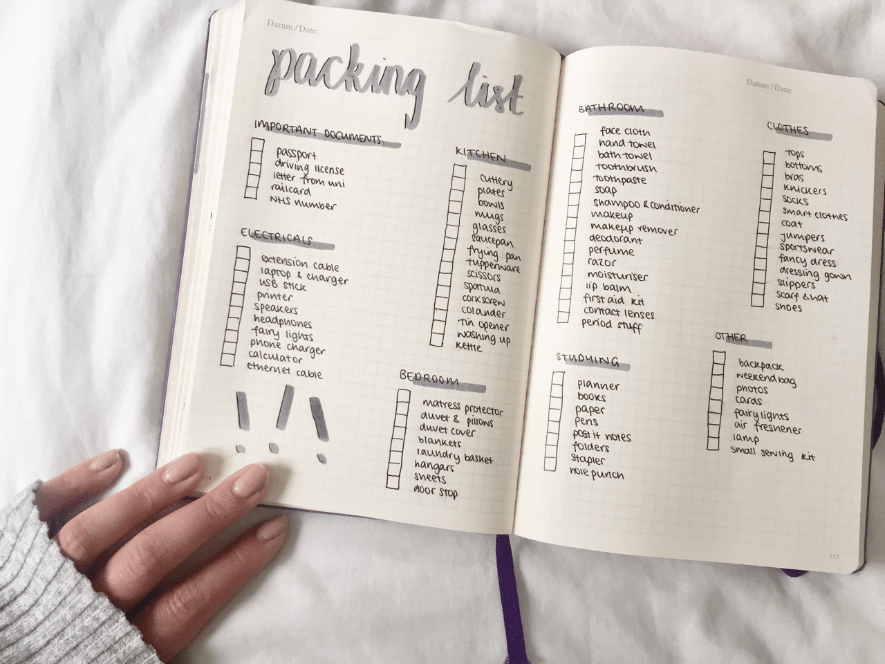 Bullet Journal College Packing List