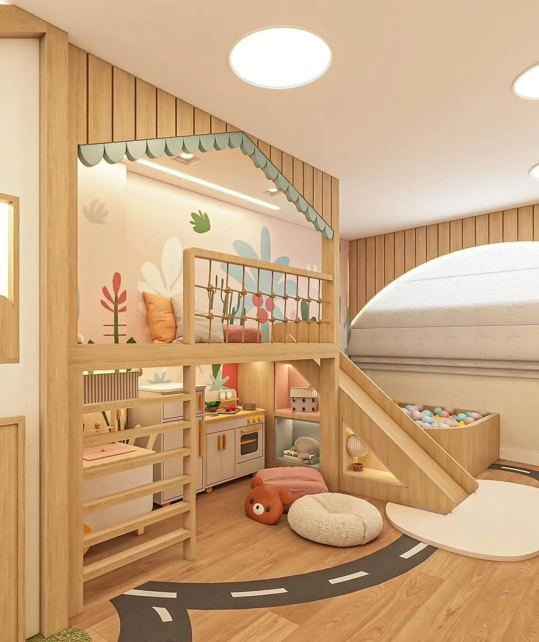 "Cozy Loft Play" – This two-level play area features a charming loft with a slide, play kitchen, and ball pit. The soft lighting and playful design make it a winner for kids of all ages.