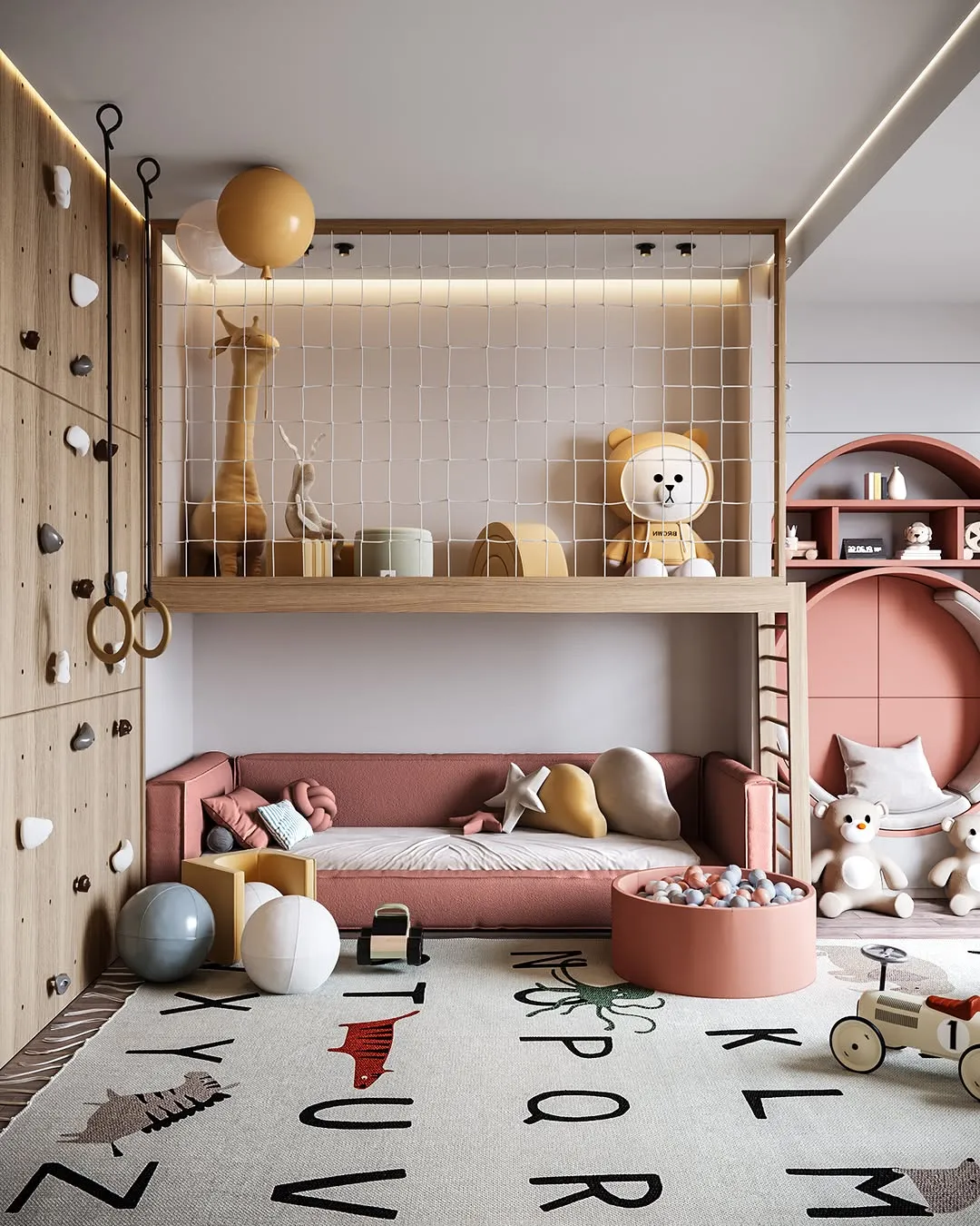 "Climbing and Creativity" – A stylish loft space with a climbing wall, ball pit, and cozy seating area. The alphabet rug is a fun educational touch, too!