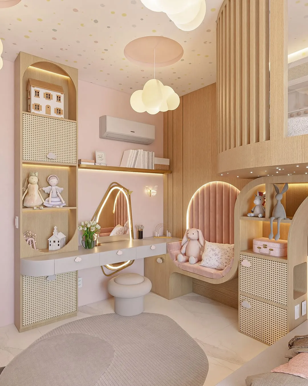 "A Pretty and Practical Retreat" – This pink and wood-toned playroom balances beauty and function with built-in shelves, a comfy reading nook, and a vanity for imaginative role-play.