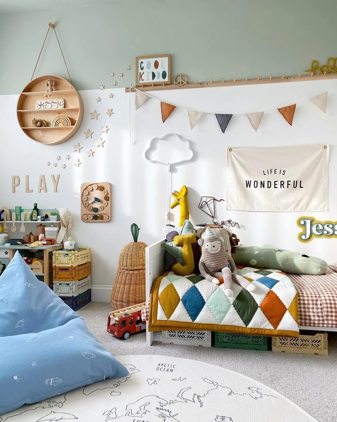 "A Burst of Personality" – A fun and colorful play area with a cozy daybed, soft beanbags, and creative storage solutions. Perfect for playdates or quiet time alike!