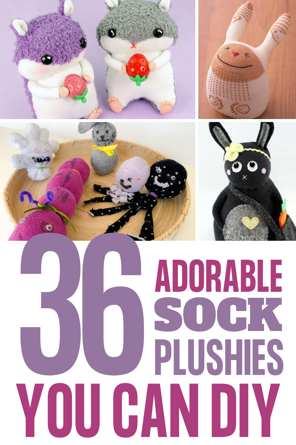 DIY sock plushies that you can make at home, including a bunny, a hamster, an octopus and a snake