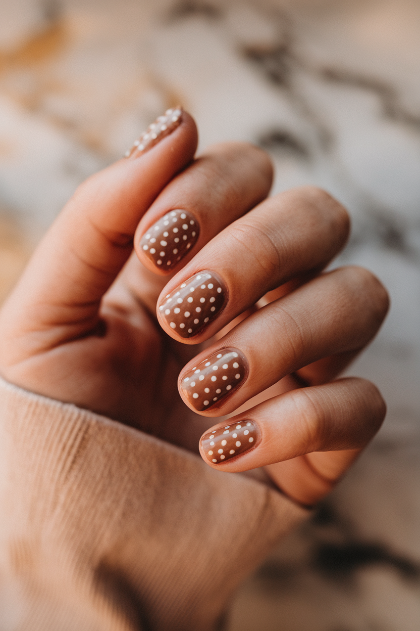 Cozy Cocoa Nail Art – With a warm brown base and delicate white polka dots, this design is reminiscent of marshmallows floating in hot cocoa, perfect for a cozy winter day indoors.