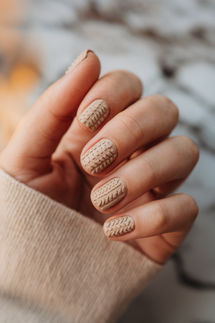 Cozy Sweater Nail Art – With a textured, knitted pattern, these nails give off the ultimate cozy vibes, reminiscent of your favorite winter sweater.