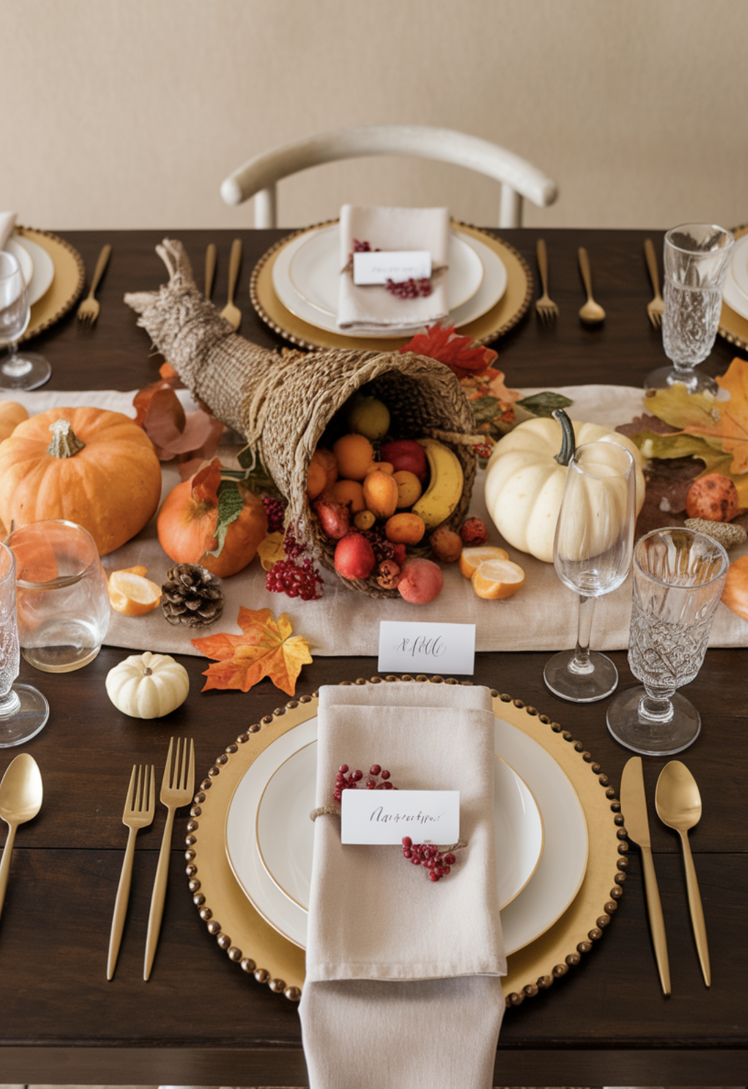 A photo of a beautifully styled fall-themed Thanksgiving tablescape. The table is set with white plates, gold flatware, and beige napkins. There are place cards with the names of the guests. The table is adorned with a beige tablecloth, a beige runner, and some fall-themed decorations, including a cornucopia filled with fruits and vegetables, a few pumpkins, some berries, and a few leaves. There are also some candles and a few pinecones. 