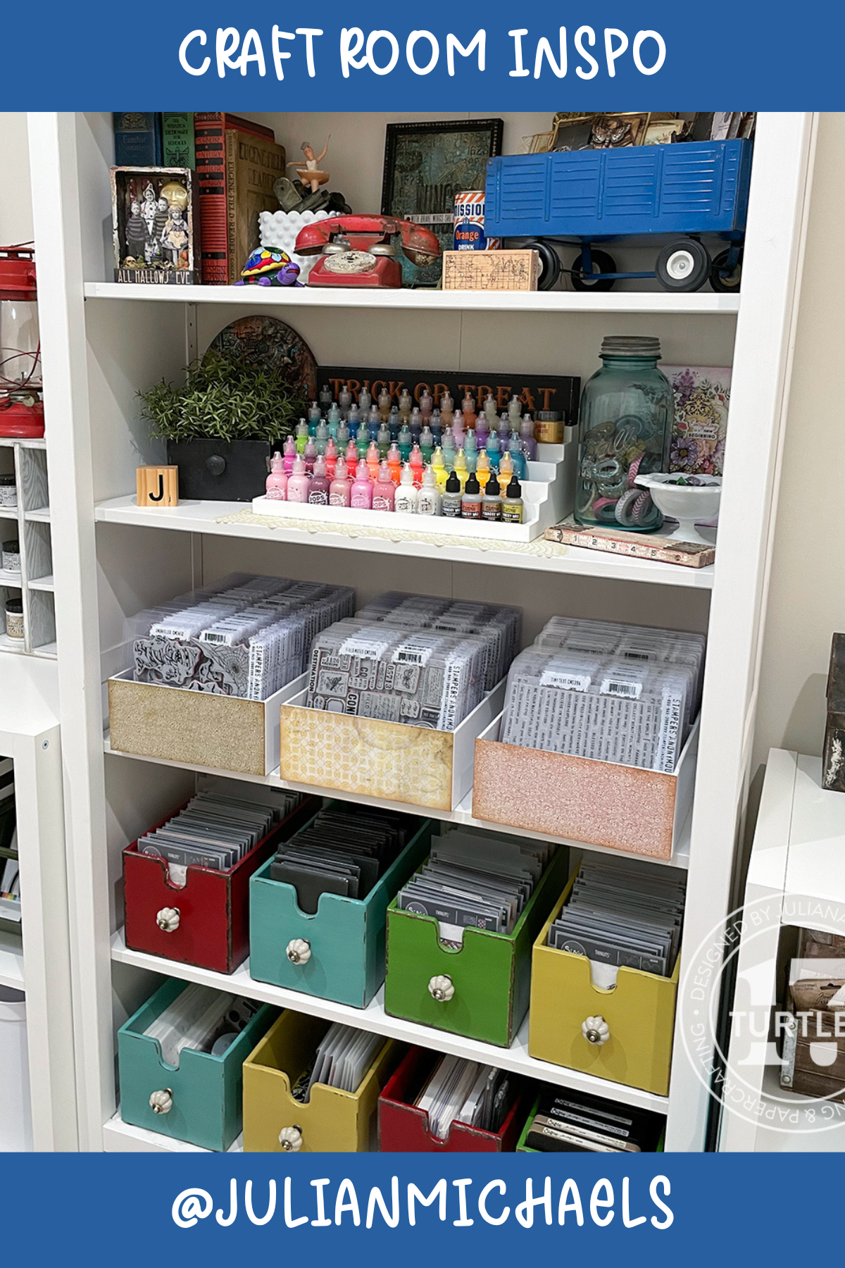 @julianmichaels – Full of color and charm! With paints, stamps, and goodies perfectly displayed, this room makes sure everything is easy to grab and inspires creativity at a glance. Those cute colored drawers are a lovely touch for extra storage.